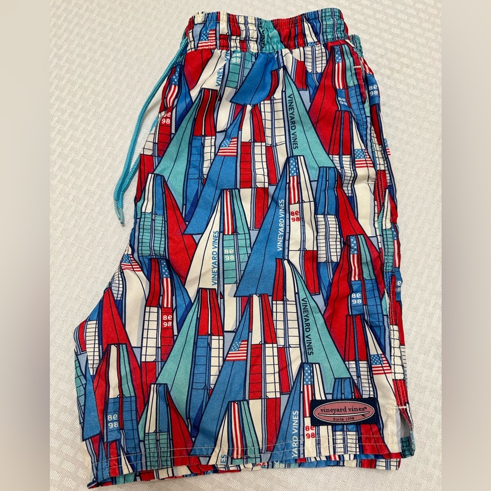 Vineyard Vines Boys Swim Shorts Trunks Size L (16) Blue with Red and White